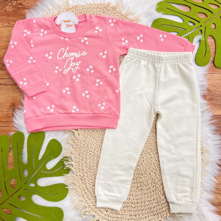  Conj. Casaco Choose Joy e Calça de Moletom - Rosa e Off White